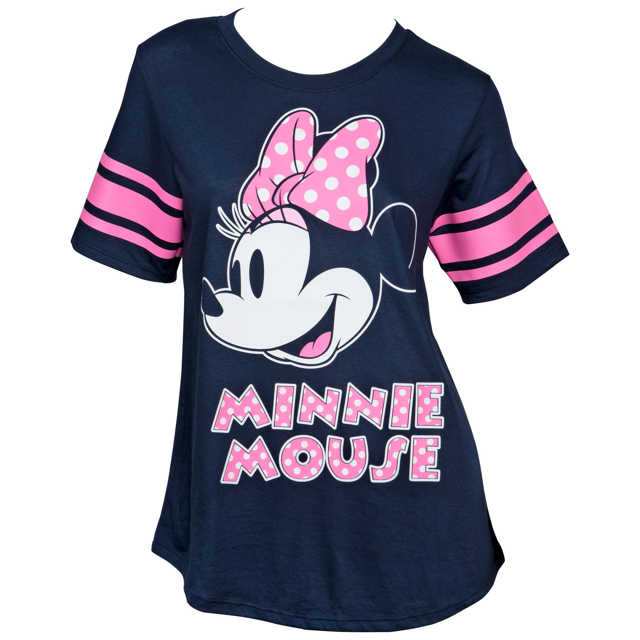 Disney Minnie Mouse Pink Polka Dot Women's Striped Football T-Shirt